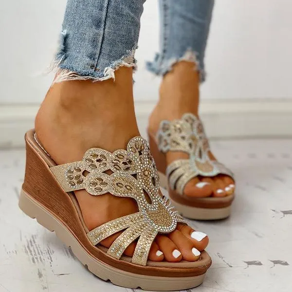 Sohiwoo  Imily Bela Women's Wedges Dune High Heels Rhinestone Platform Wedges Backless Slip-on Sandals