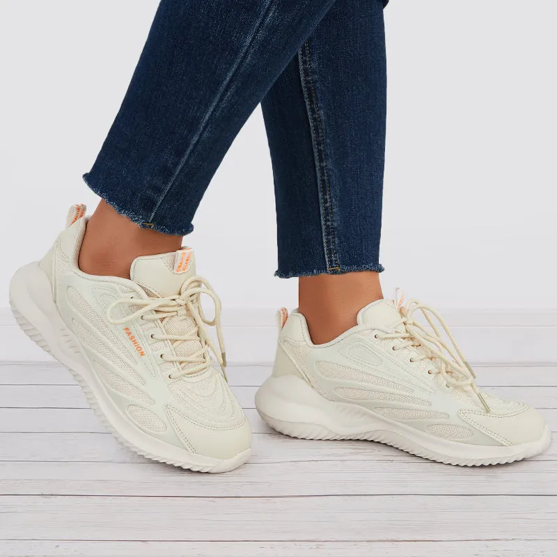 Sohiwoo  Women Breathable Knit Sneakers Lace Up Chunky Running Shoes Comfy White Running Shoes