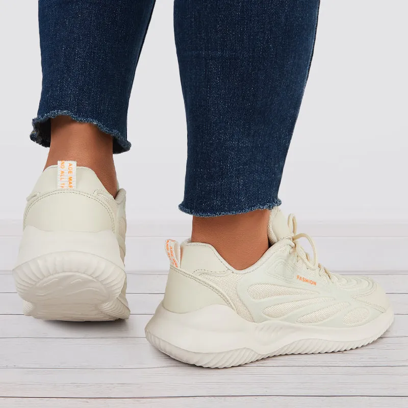 Sohiwoo  Women Breathable Knit Sneakers Lace Up Chunky Running Shoes Comfy White Running Shoes