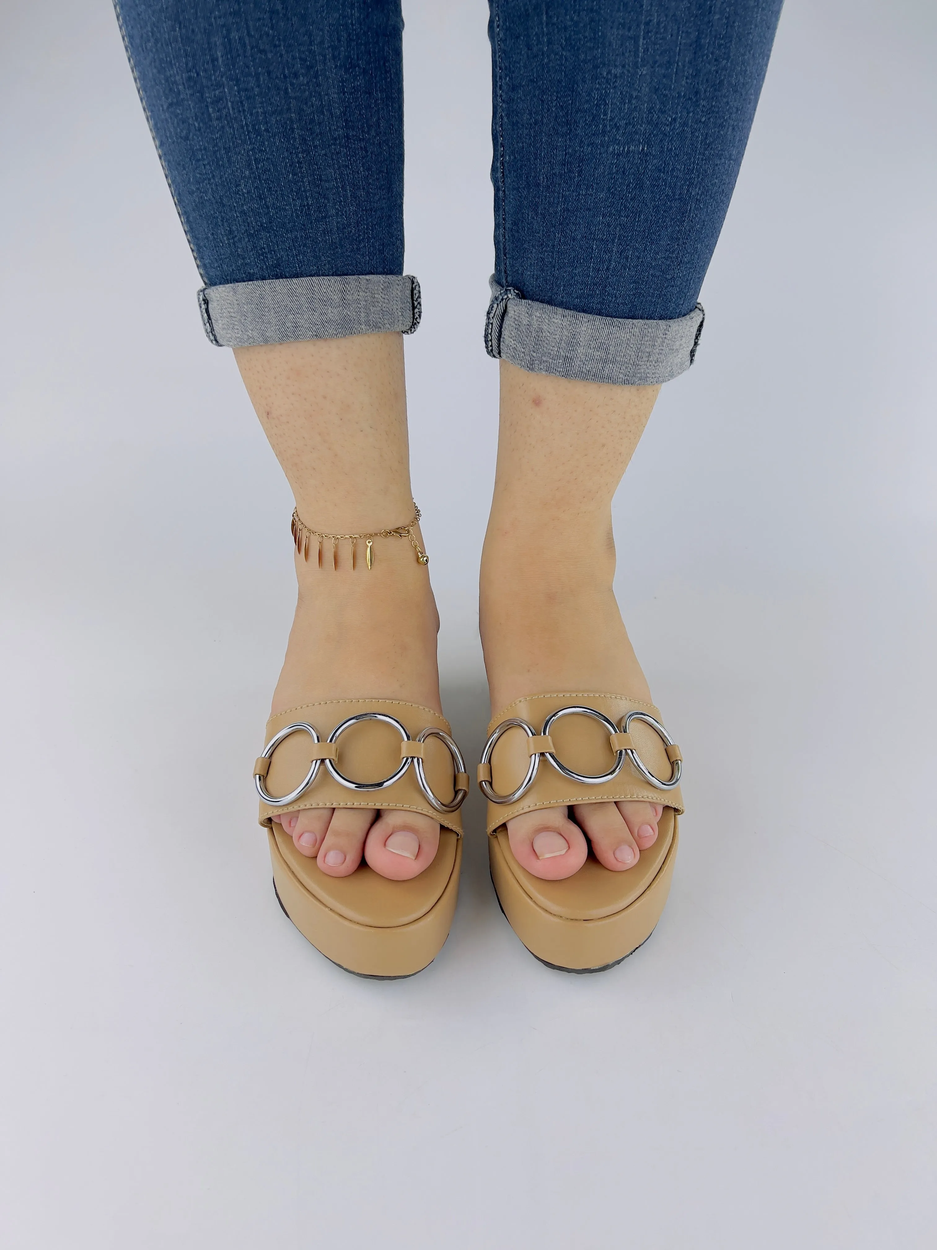 Spunkz Nude Wedges with Round Metal Chain