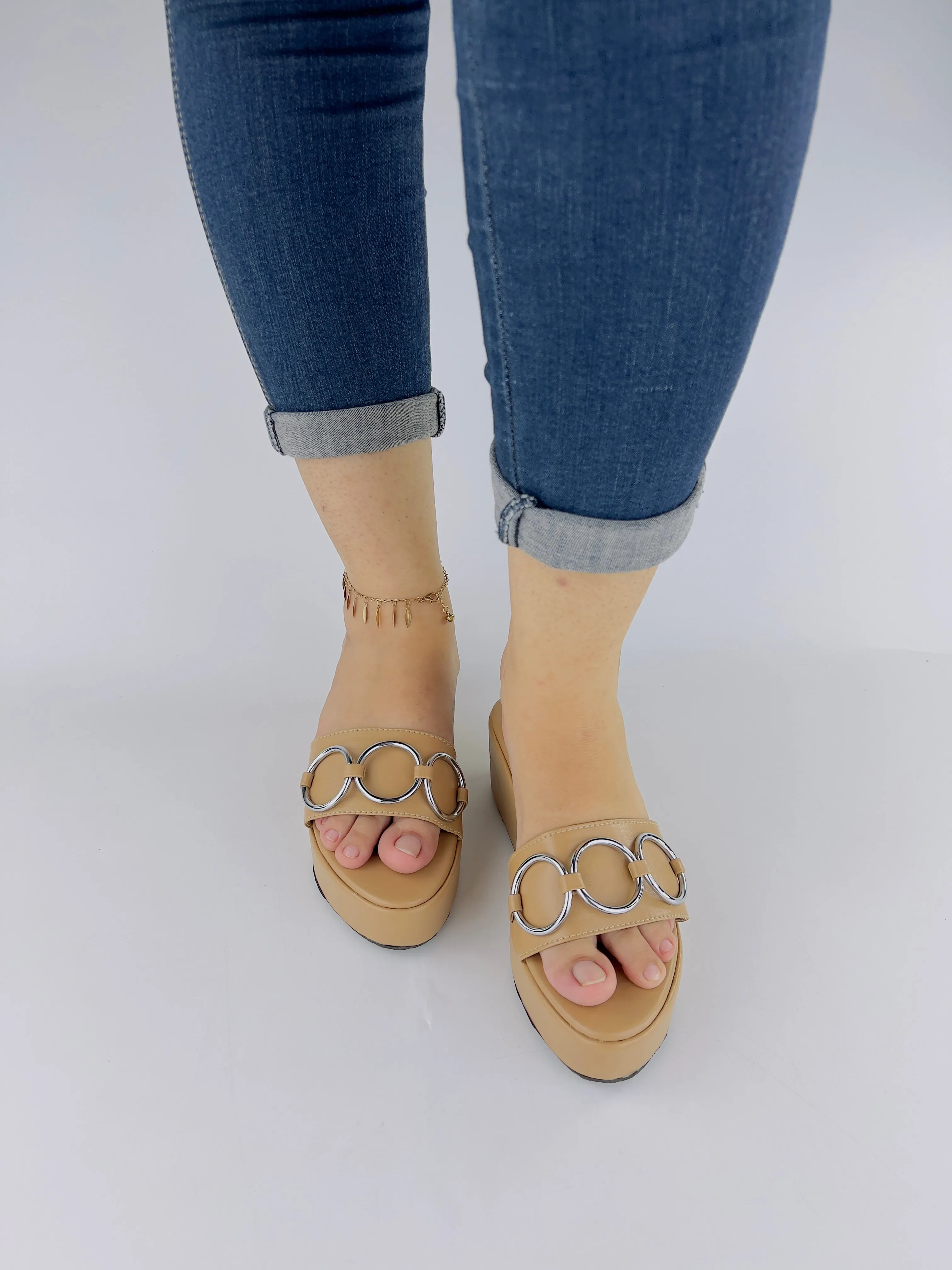 Spunkz Nude Wedges with Round Metal Chain