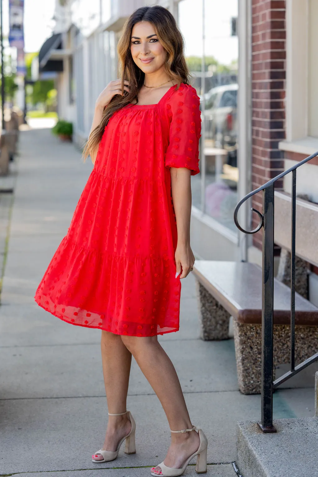 Textured Dot Tiered Half Sleeve Dress