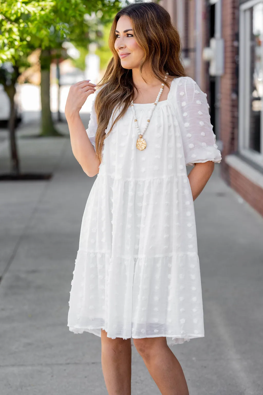 Textured Dot Tiered Half Sleeve Dress