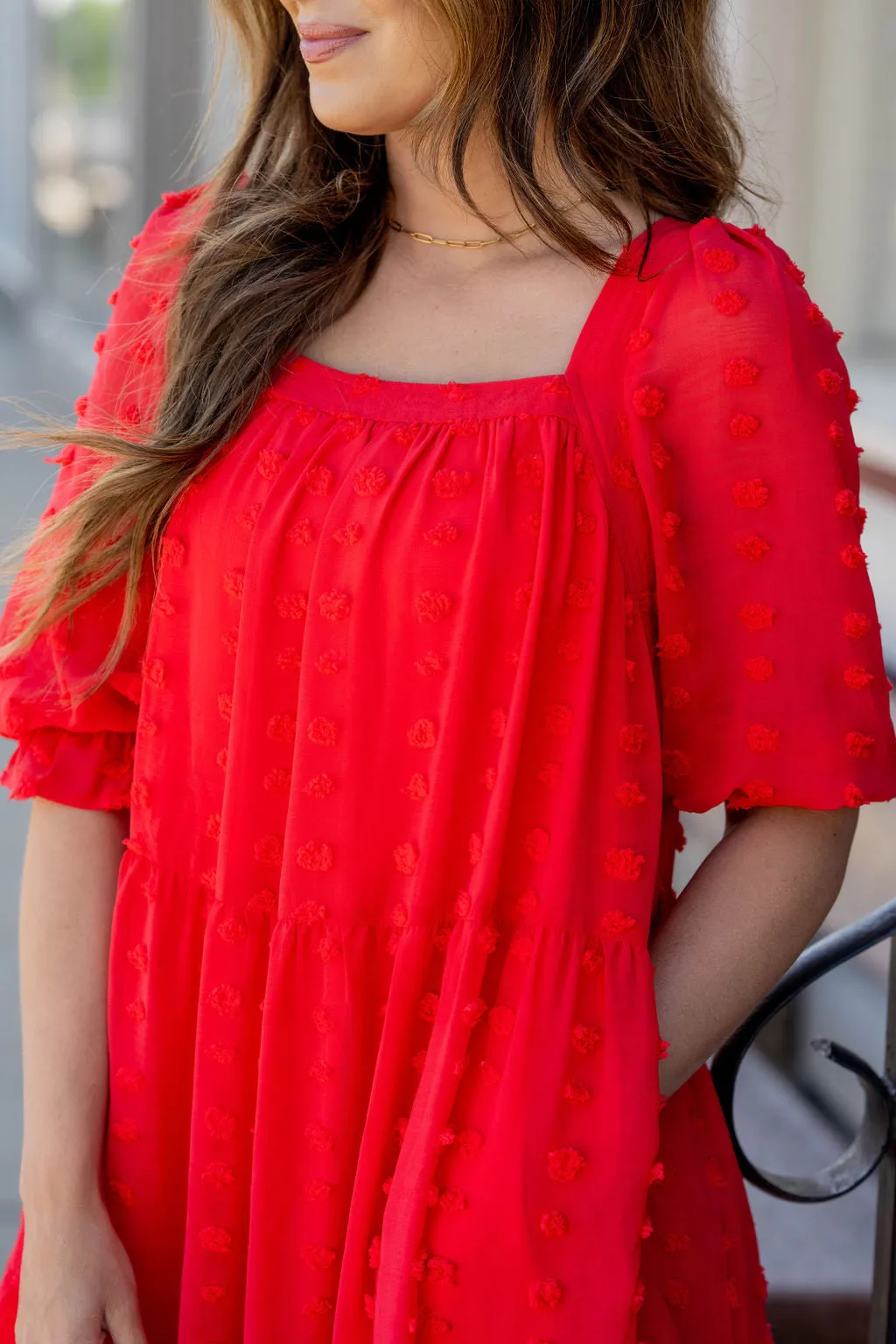 Textured Dot Tiered Half Sleeve Dress