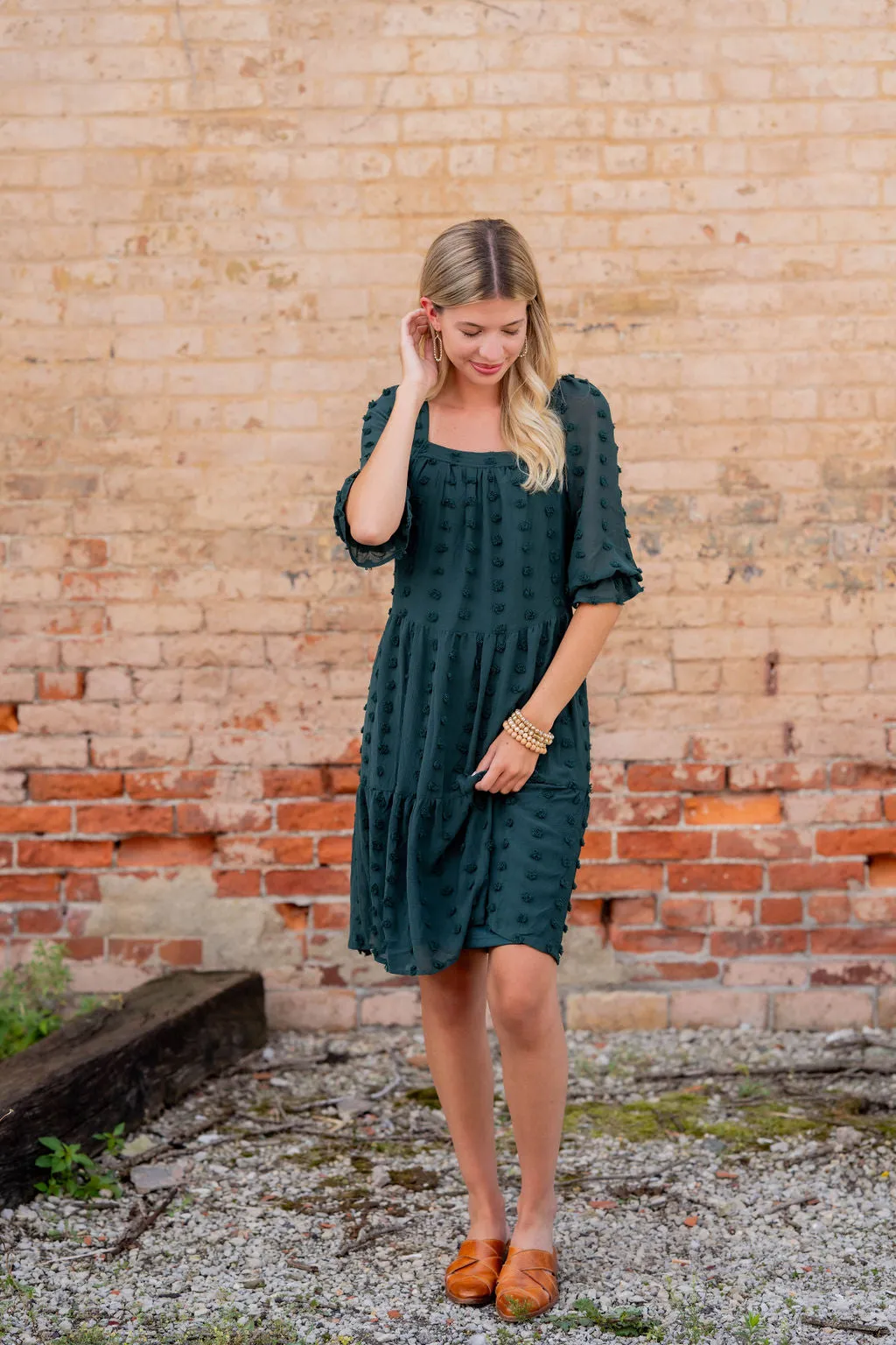 Textured Dot Tiered Half Sleeve Dress