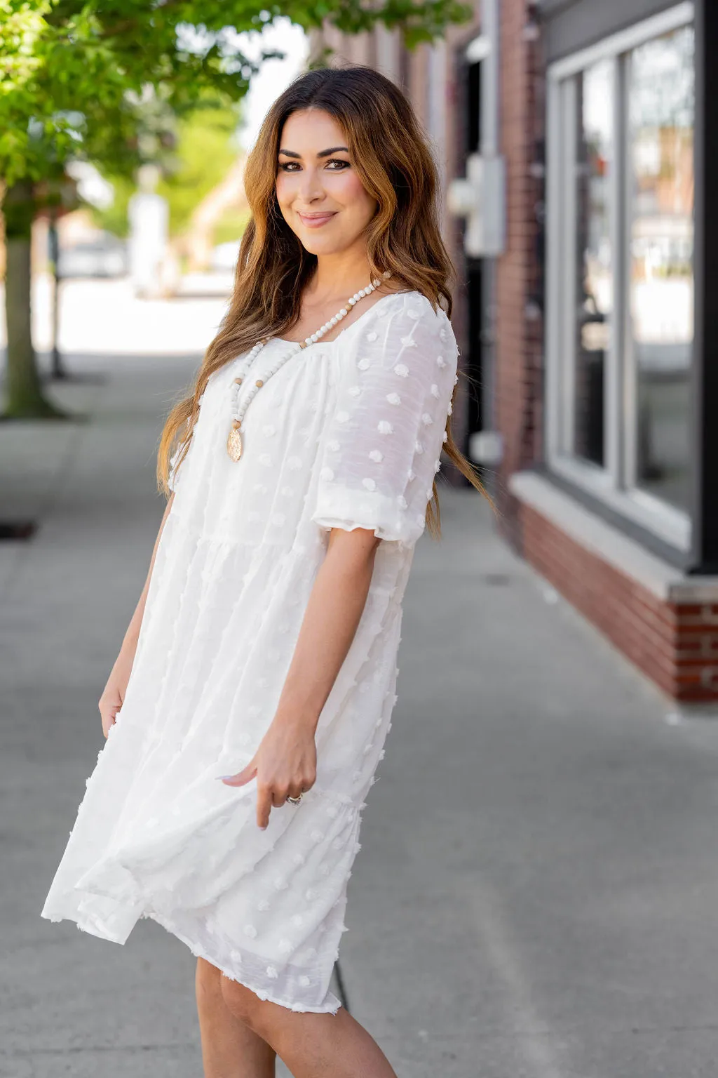 Textured Dot Tiered Half Sleeve Dress