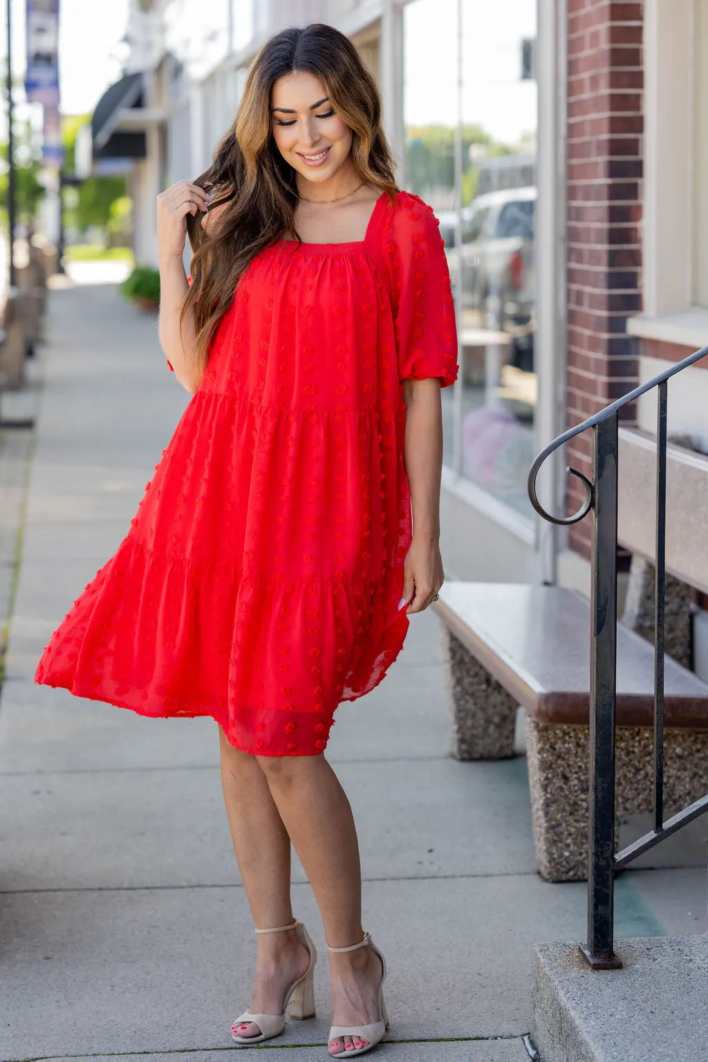 Textured Dot Tiered Half Sleeve Dress
