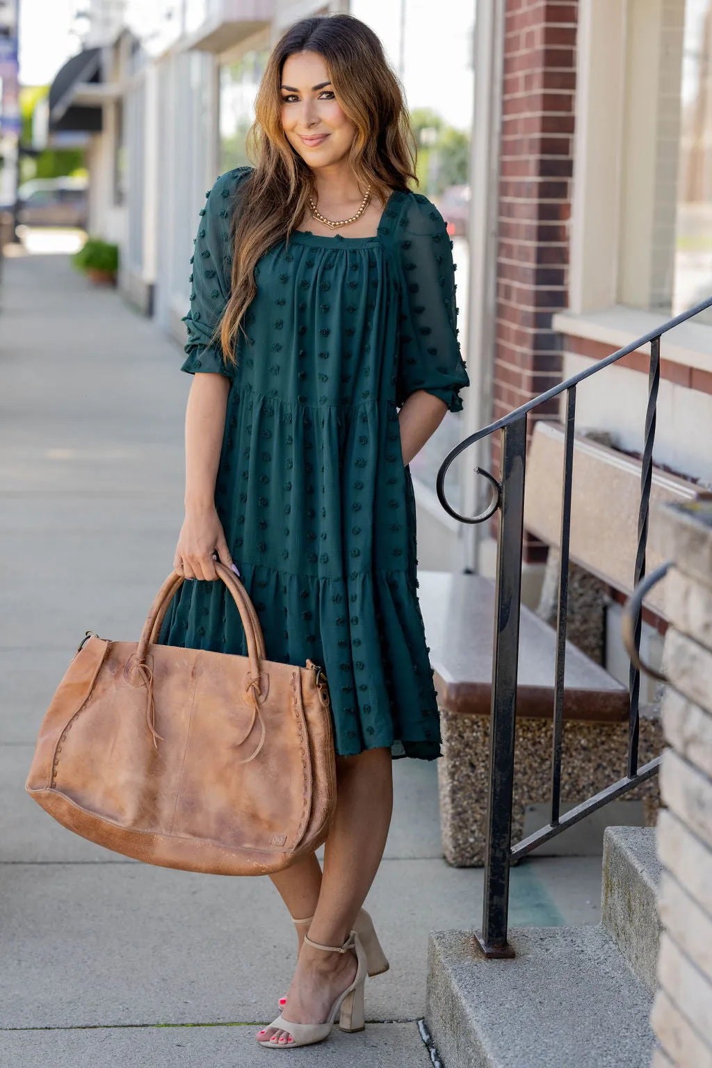Textured Dot Tiered Half Sleeve Dress