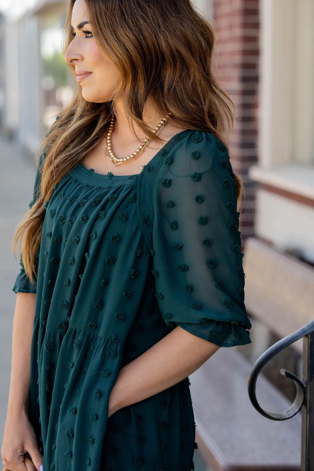 Textured Dot Tiered Half Sleeve Dress