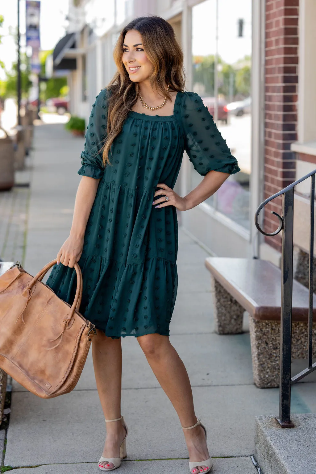 Textured Dot Tiered Half Sleeve Dress