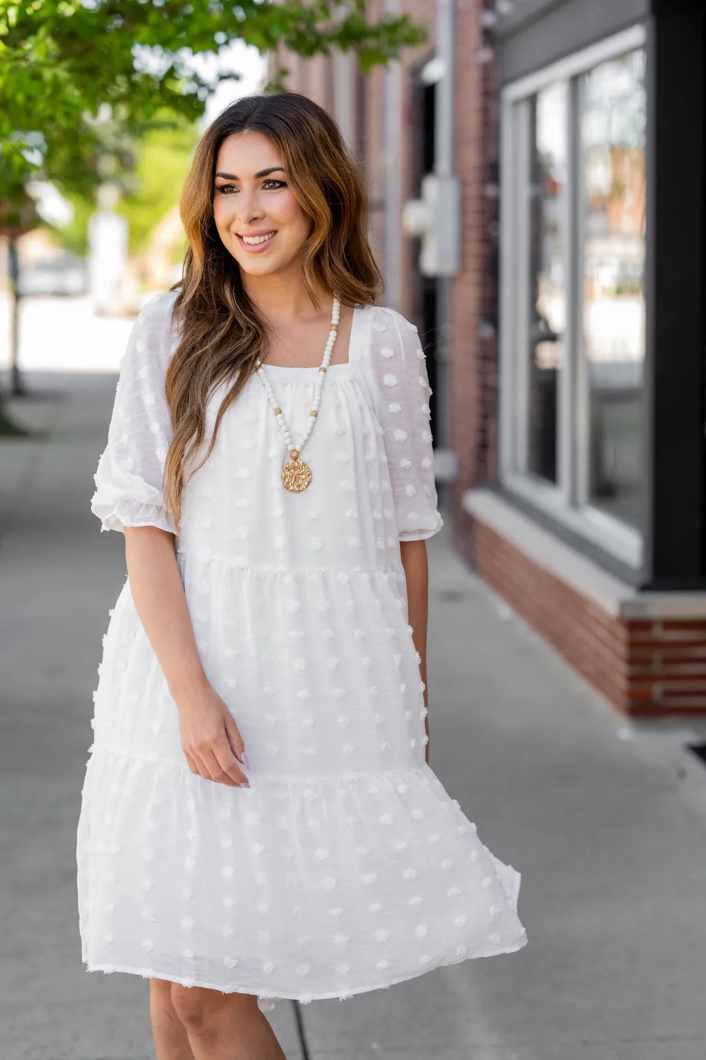Textured Dot Tiered Half Sleeve Dress
