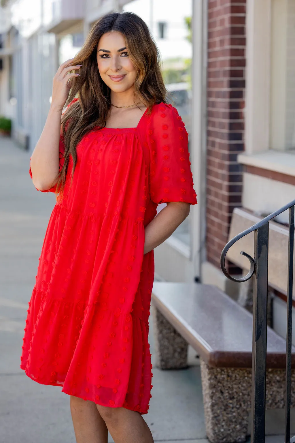 Textured Dot Tiered Half Sleeve Dress