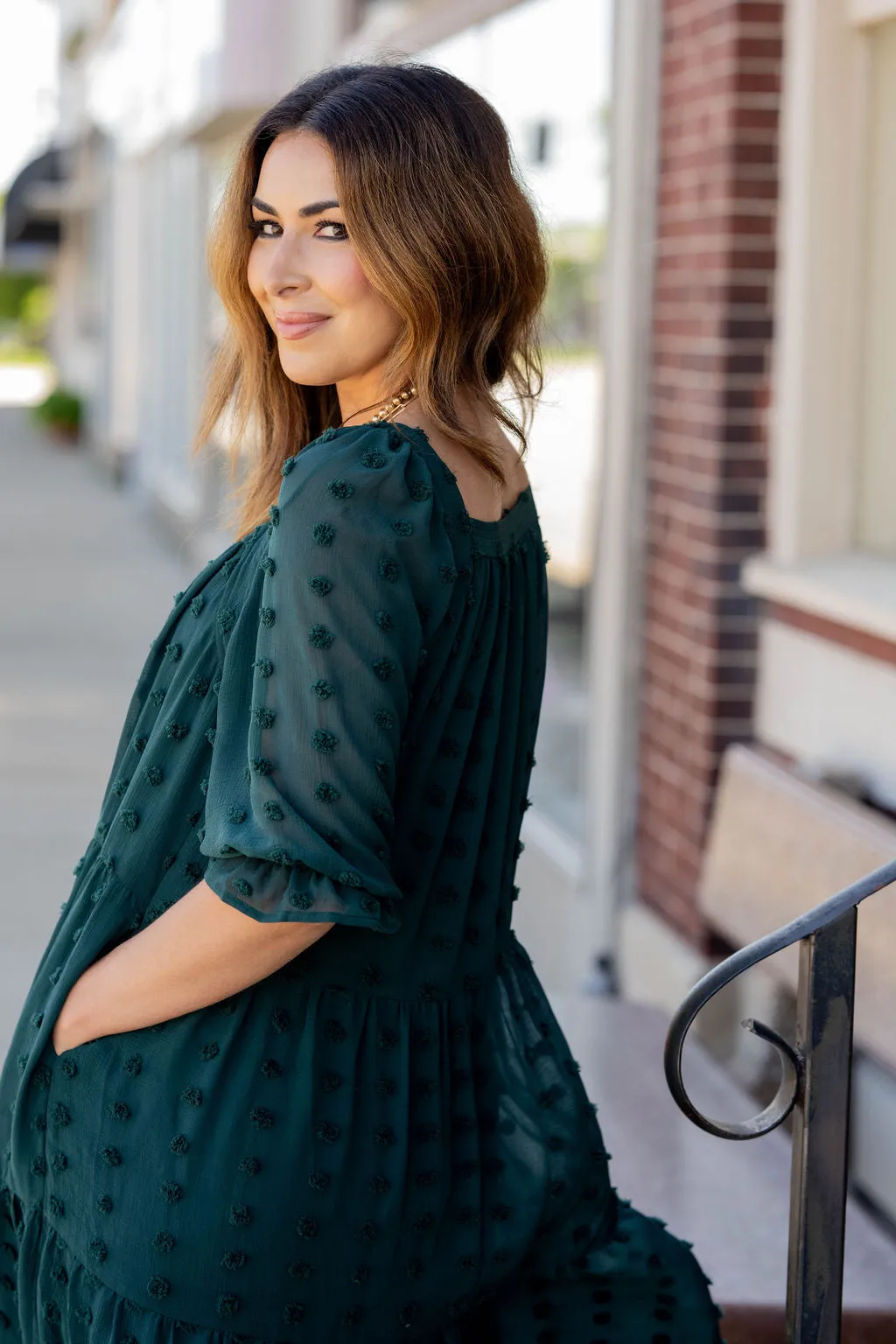Textured Dot Tiered Half Sleeve Dress