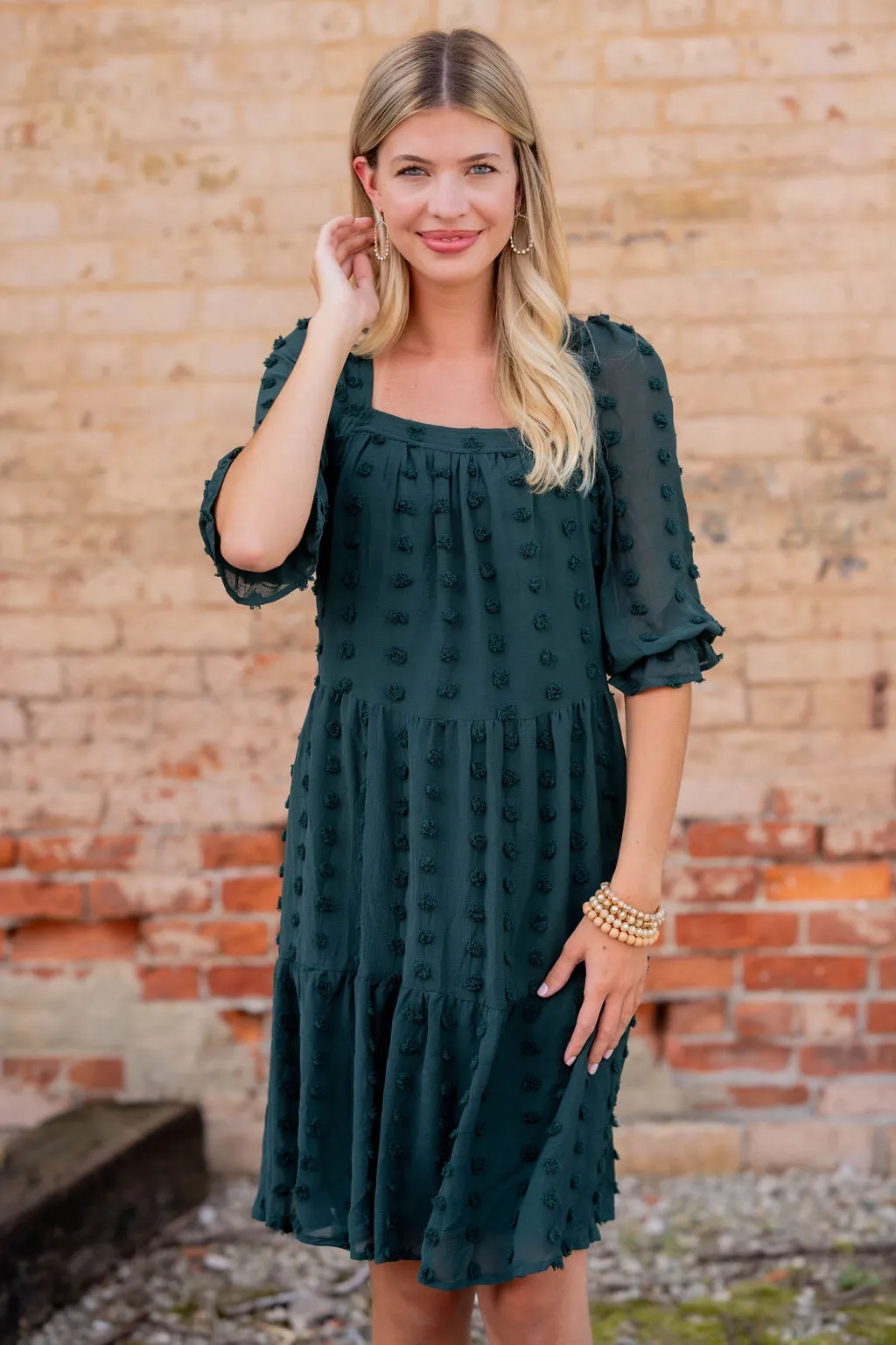Textured Dot Tiered Half Sleeve Dress