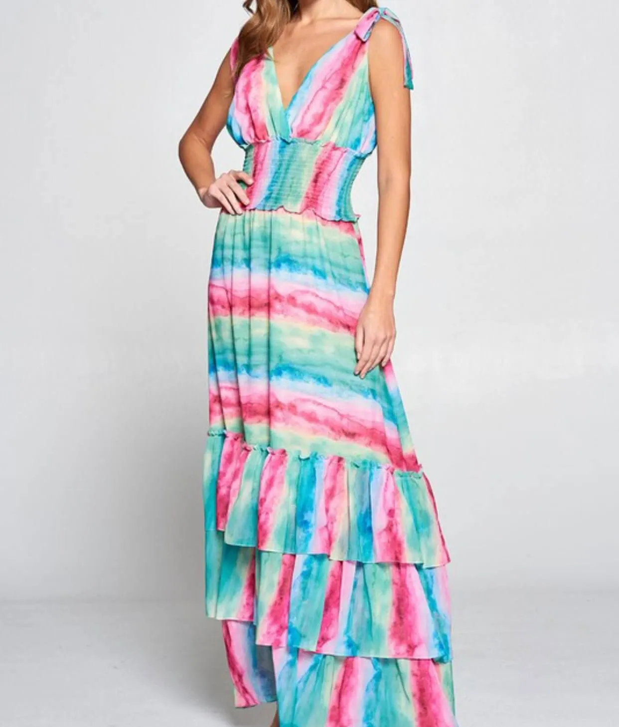 The Shelby Dress: Shoulder Tied Ruffled Colorful Maxi Dress