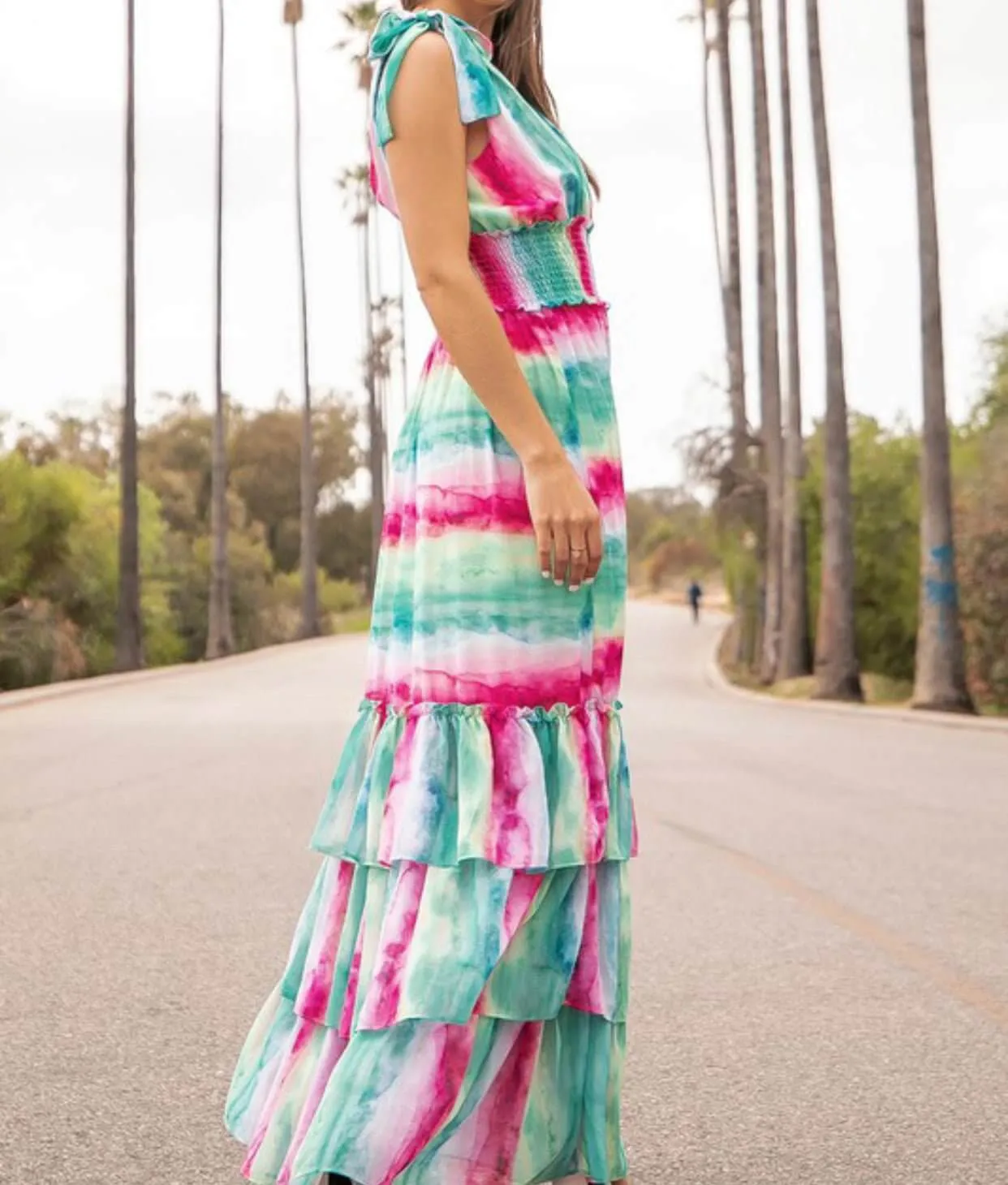 The Shelby Dress: Shoulder Tied Ruffled Colorful Maxi Dress