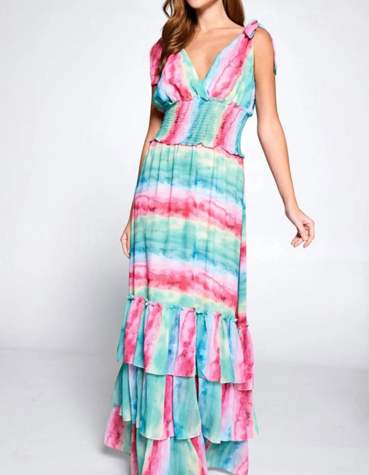 The Shelby Dress: Shoulder Tied Ruffled Colorful Maxi Dress