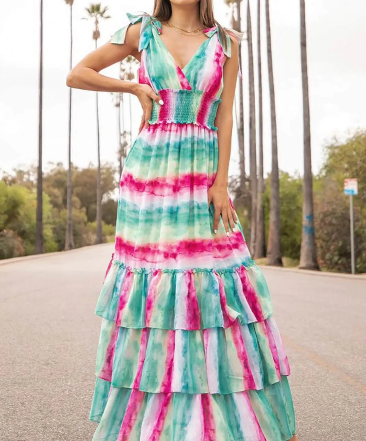 The Shelby Dress: Shoulder Tied Ruffled Colorful Maxi Dress
