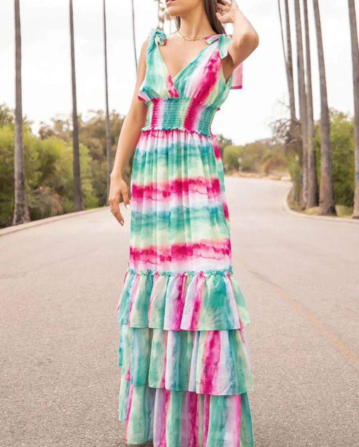 The Shelby Dress: Shoulder Tied Ruffled Colorful Maxi Dress