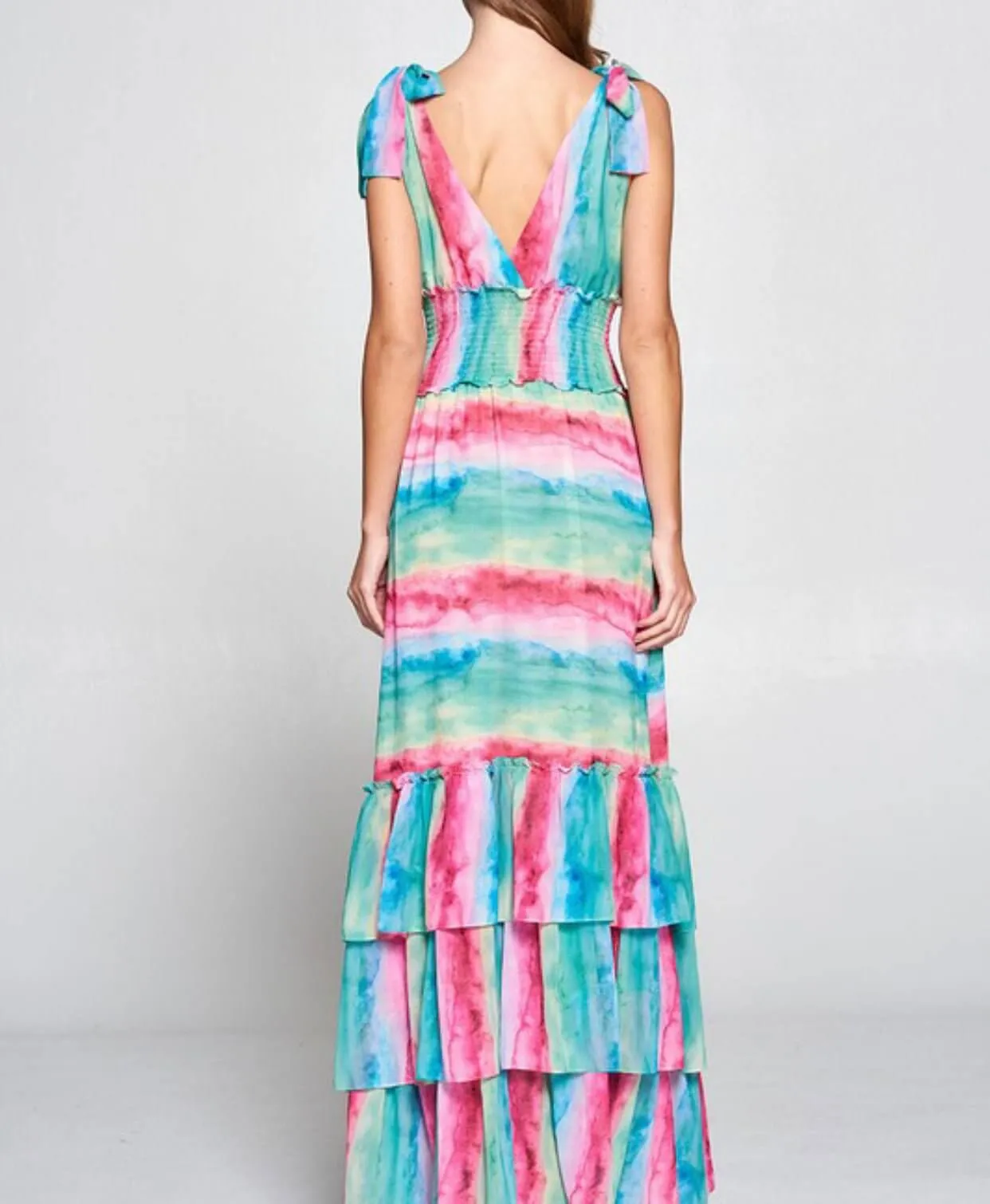 The Shelby Dress: Shoulder Tied Ruffled Colorful Maxi Dress