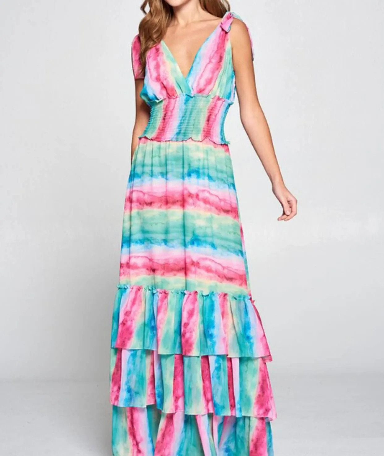 The Shelby Dress: Shoulder Tied Ruffled Colorful Maxi Dress