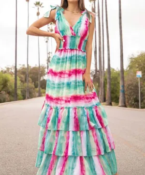 The Shelby Dress: Shoulder Tied Ruffled Colorful Maxi Dress