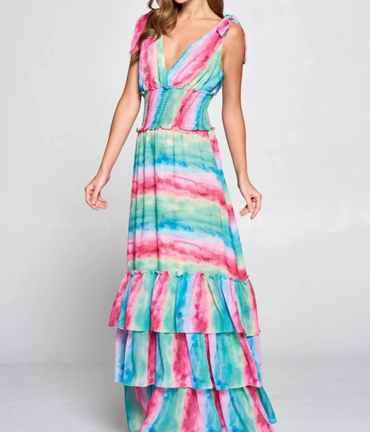 The Shelby Dress: Shoulder Tied Ruffled Colorful Maxi Dress