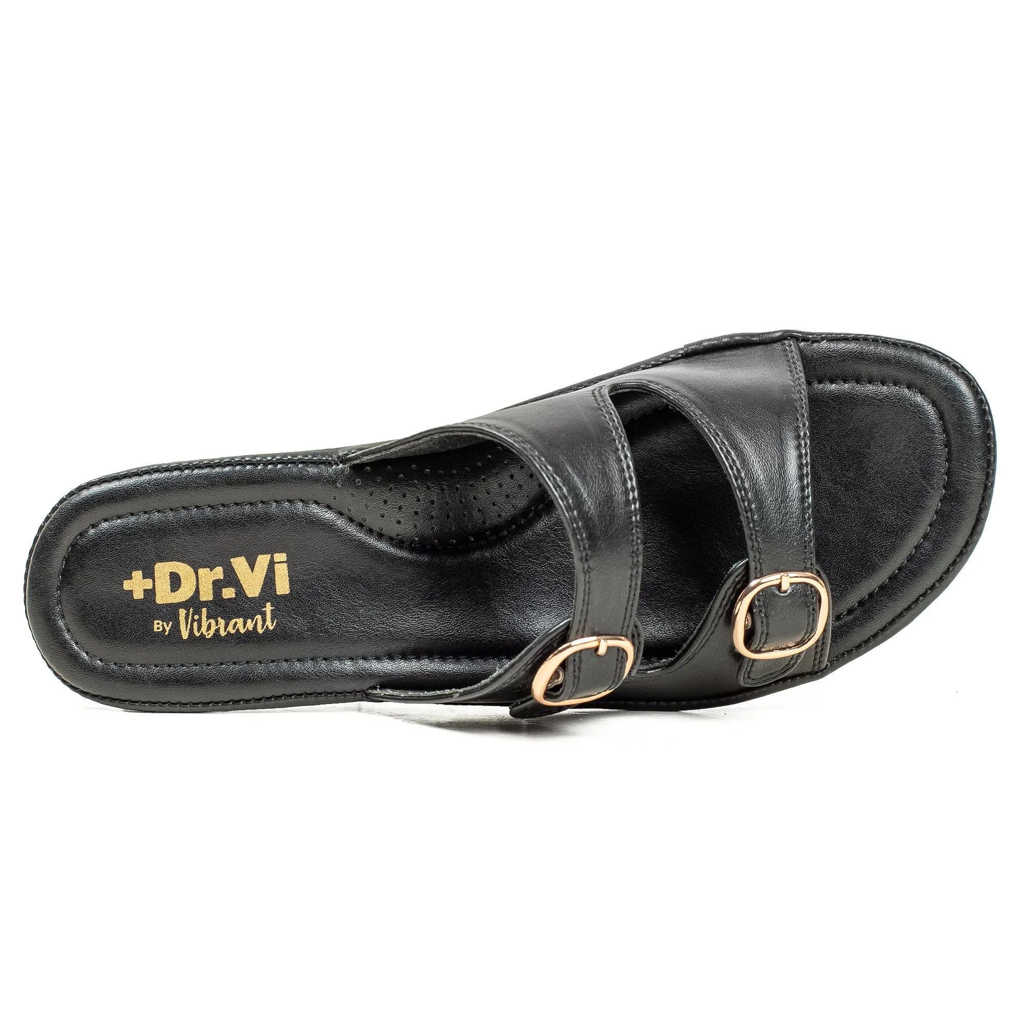 Vibrant Dr. Vi Ladies Wedge Heel Comfort Sandal – Black PU Leather, Adjustable Straps & Cushioned Insole for Maximum Comfort