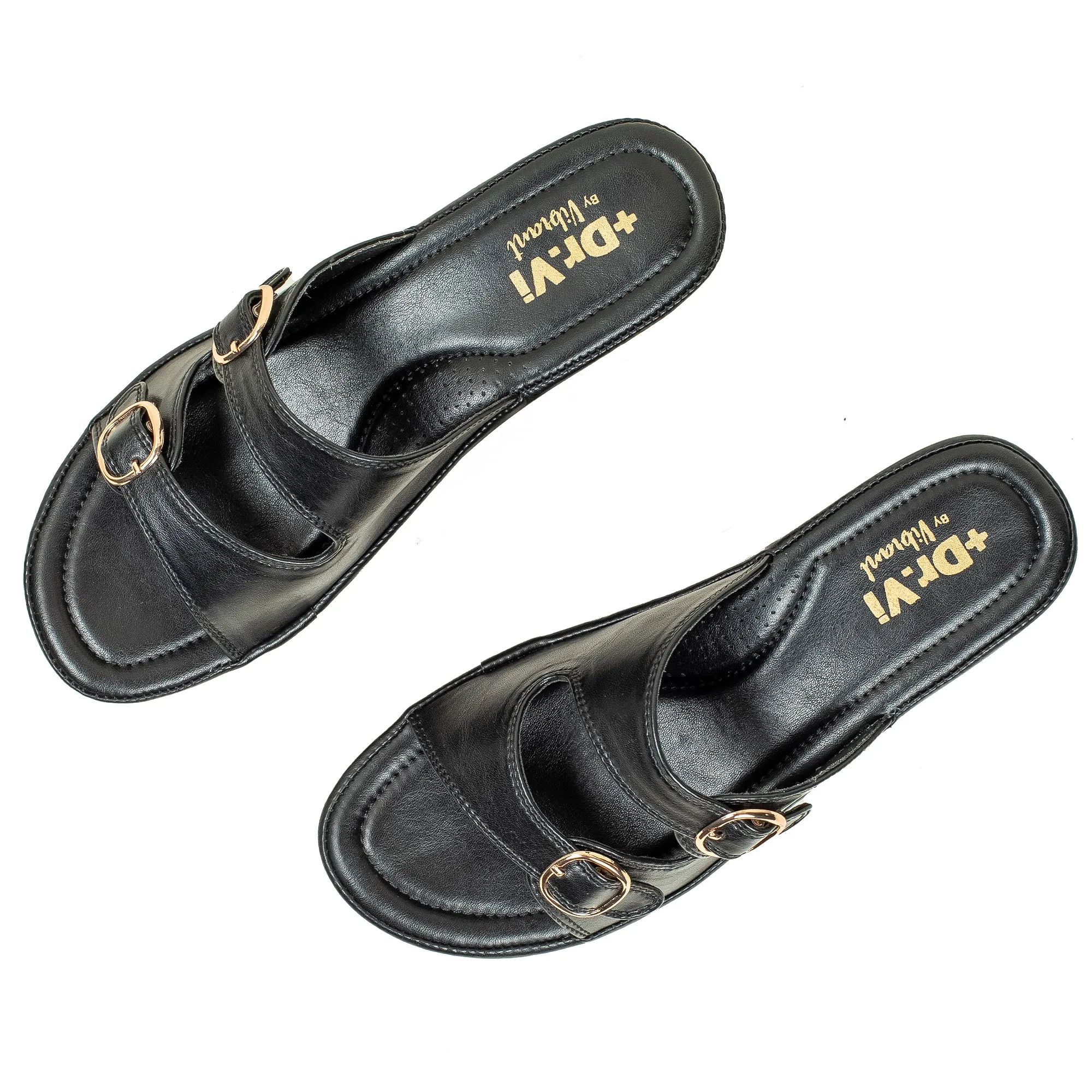 Vibrant Dr. Vi Ladies Wedge Heel Comfort Sandal – Black PU Leather, Adjustable Straps & Cushioned Insole for Maximum Comfort