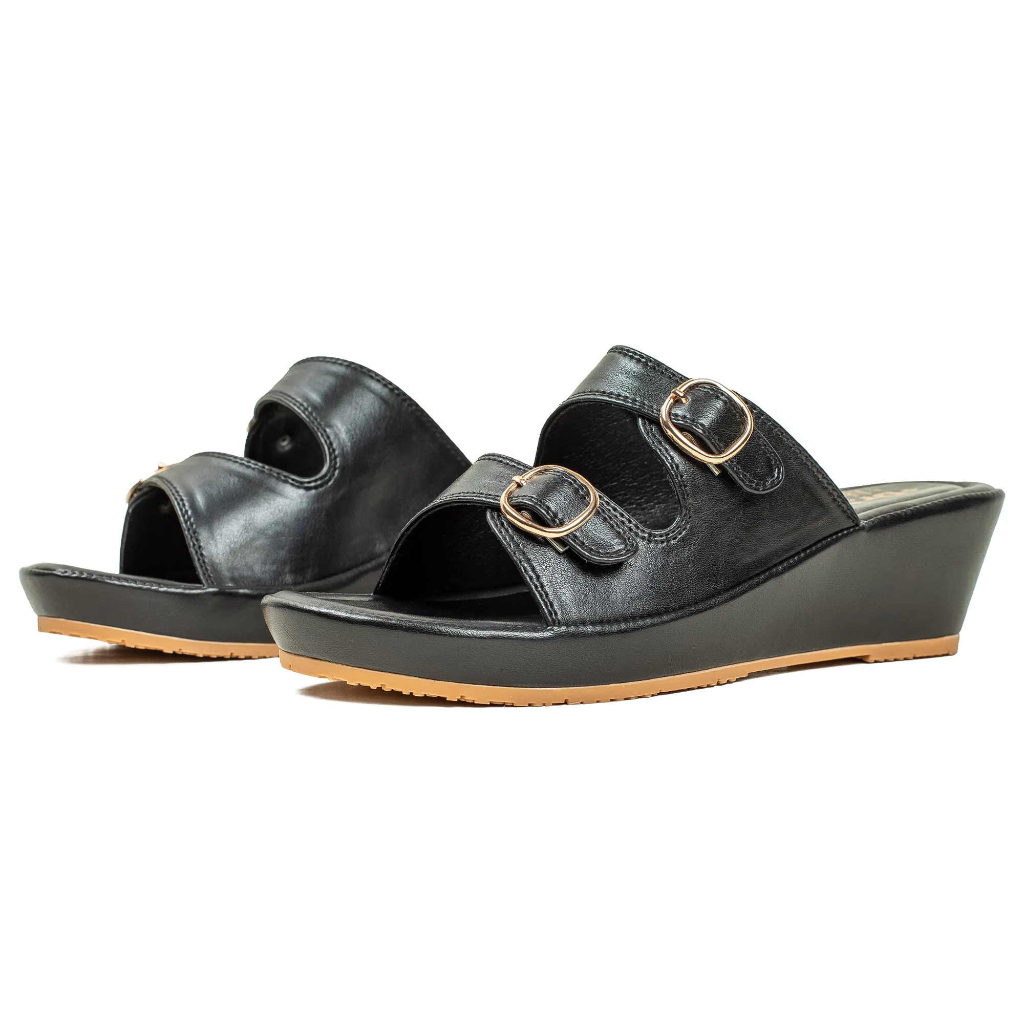 Vibrant Dr. Vi Ladies Wedge Heel Comfort Sandal – Black PU Leather, Adjustable Straps & Cushioned Insole for Maximum Comfort