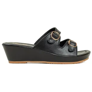 Vibrant Dr. Vi Ladies Wedge Heel Comfort Sandal – Black PU Leather, Adjustable Straps & Cushioned Insole for Maximum Comfort