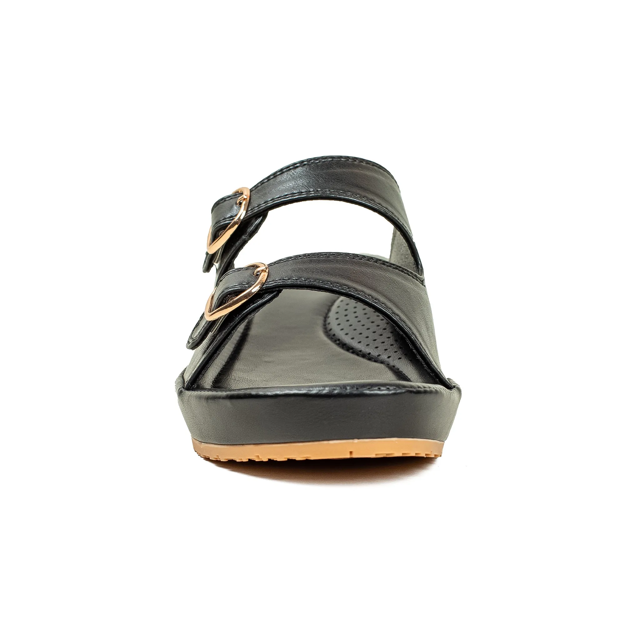 Vibrant Dr. Vi Ladies Wedge Heel Comfort Sandal – Black PU Leather, Adjustable Straps & Cushioned Insole for Maximum Comfort