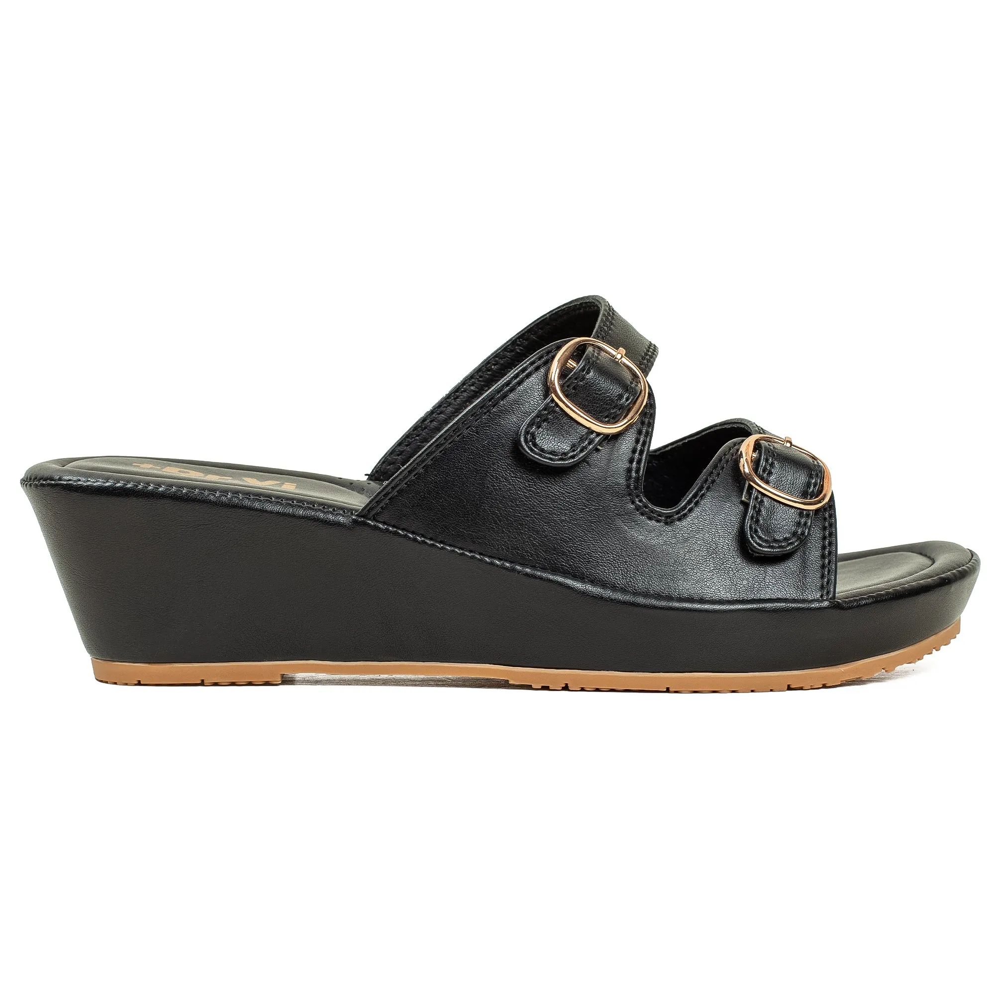 Vibrant Dr. Vi Ladies Wedge Heel Comfort Sandal – Black PU Leather, Adjustable Straps & Cushioned Insole for Maximum Comfort