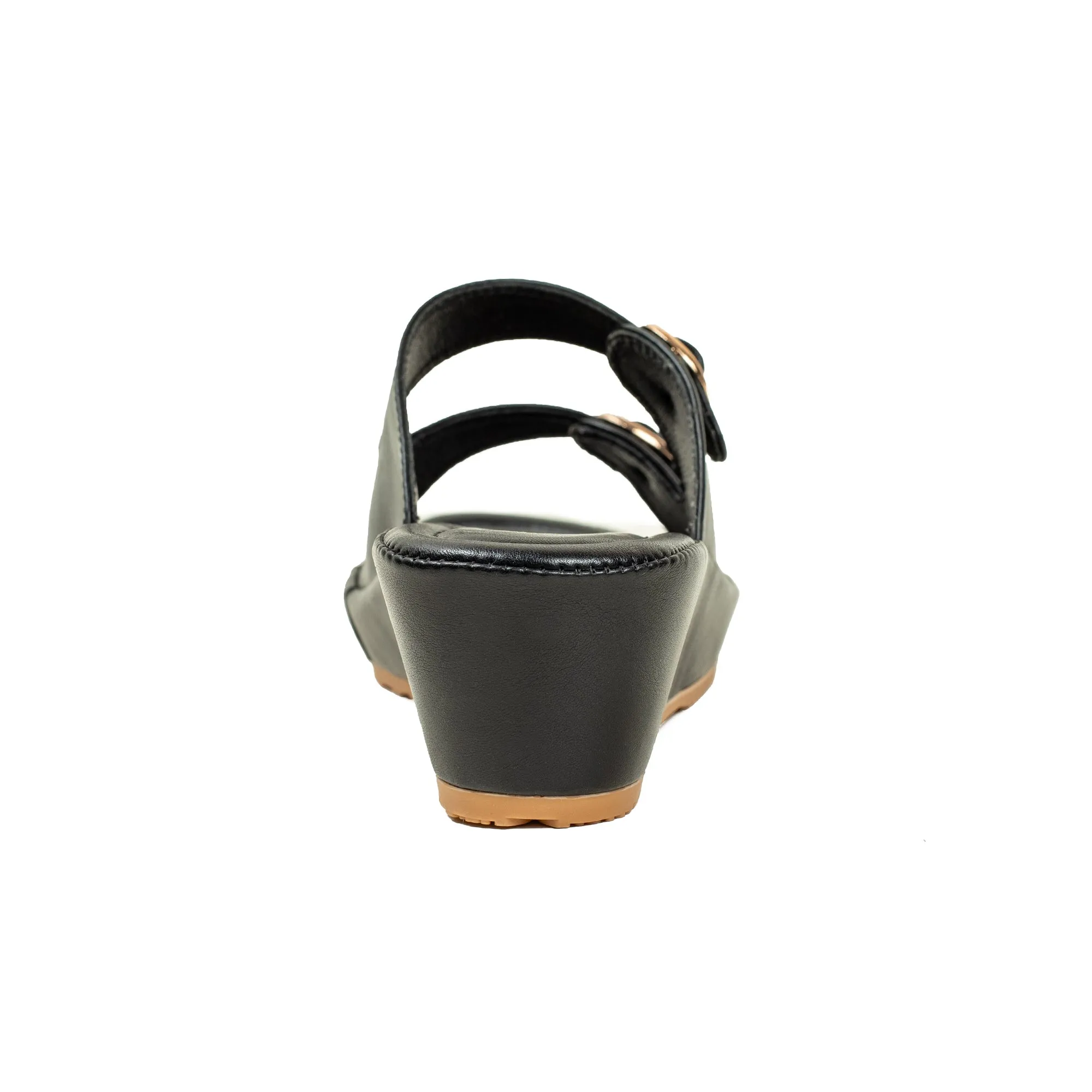 Vibrant Dr. Vi Ladies Wedge Heel Comfort Sandal – Black PU Leather, Adjustable Straps & Cushioned Insole for Maximum Comfort