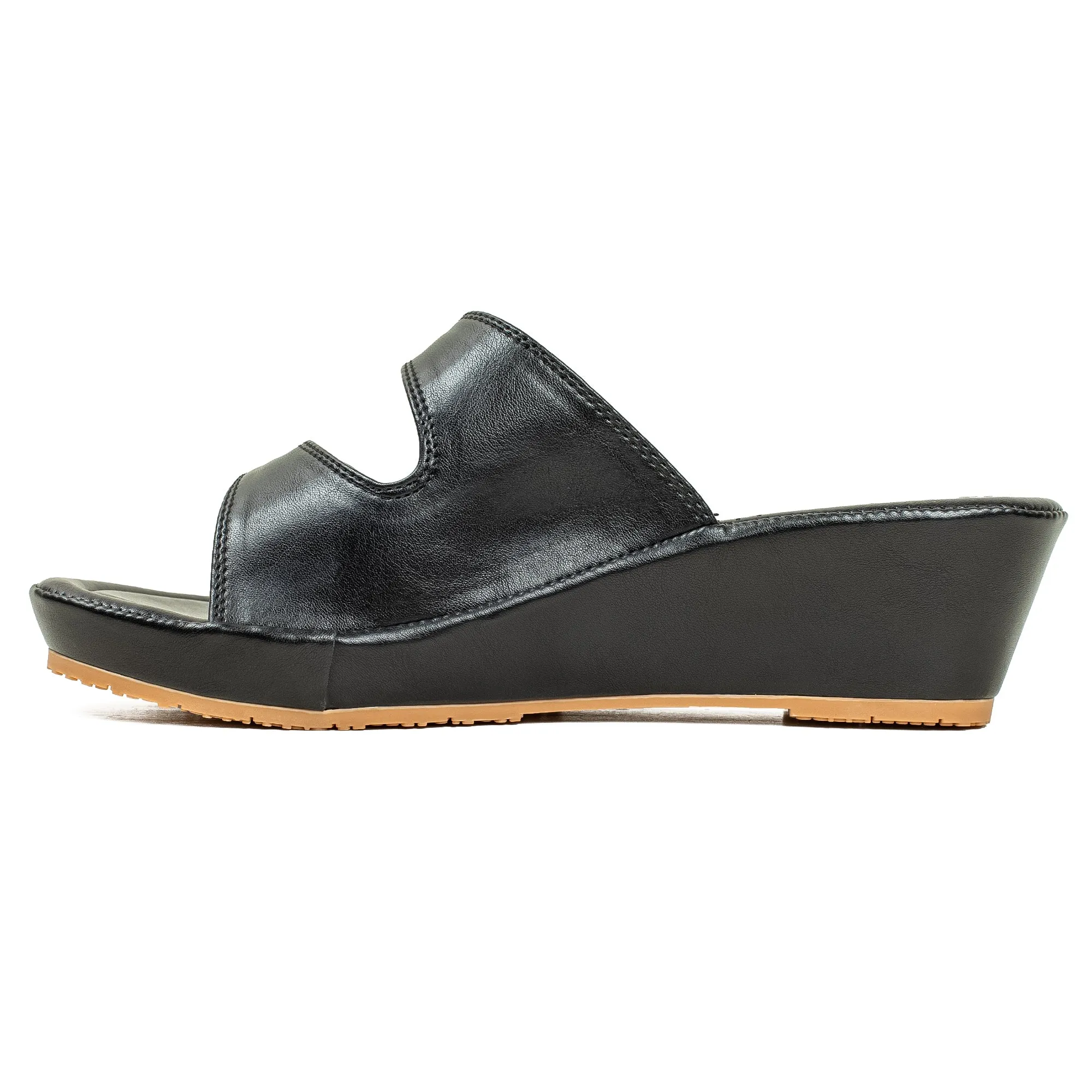 Vibrant Dr. Vi Ladies Wedge Heel Comfort Sandal – Black PU Leather, Adjustable Straps & Cushioned Insole for Maximum Comfort