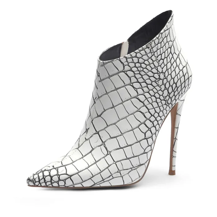 White Stone Pattern High Heel Ankle Boots