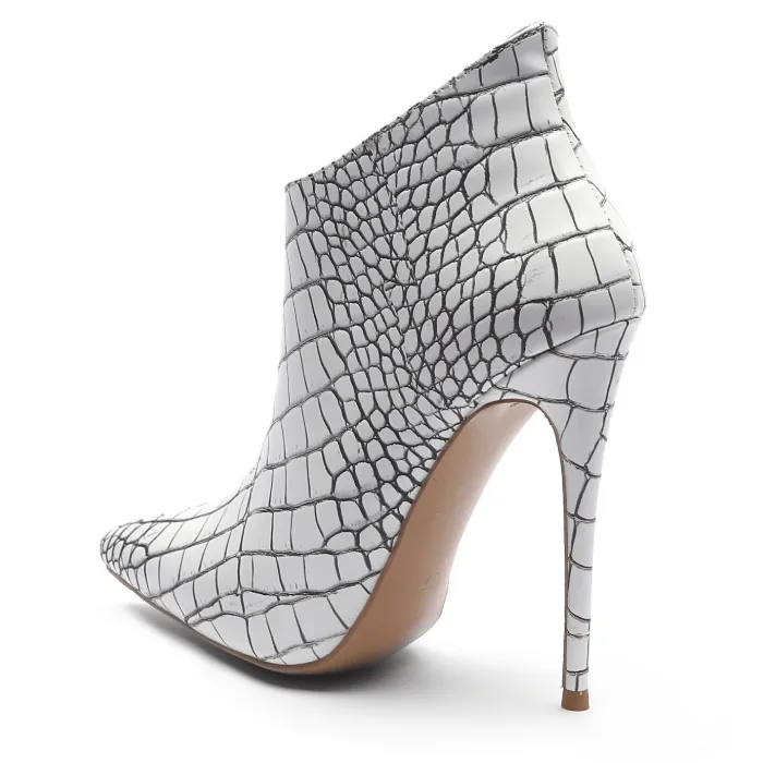 White Stone Pattern High Heel Ankle Boots
