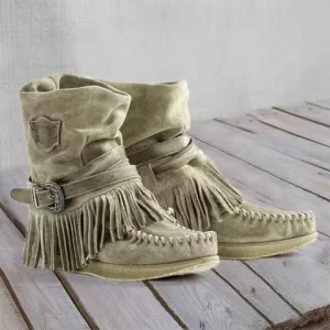 Wide Calf Flat Fringe Suede Moccasin Boots