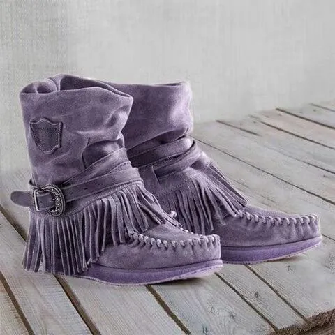 Wide Calf Flat Fringe Suede Moccasin Boots