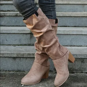 Women fashion chunky heel knee high slouch boots