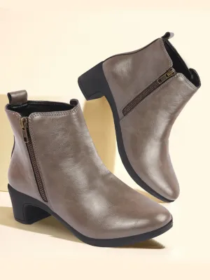 Women Grey Mid Top Flared Heel Side Zipper Winter Classic Boots
