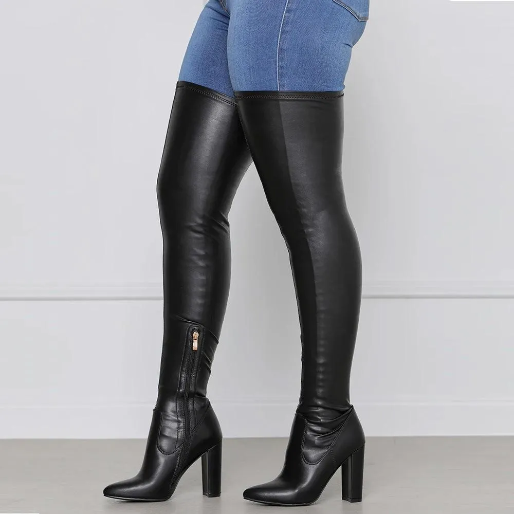 Women pointed toe chunky high heel over the knee boots with zipper