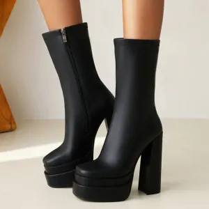 Women's black chunky heels platform mid calf boots | Fashion show high heel boots