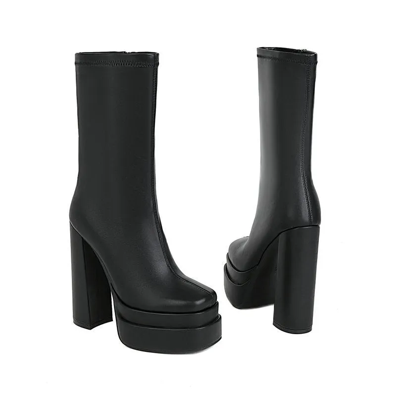 Women's black chunky heels platform mid calf boots | Fashion show high heel boots