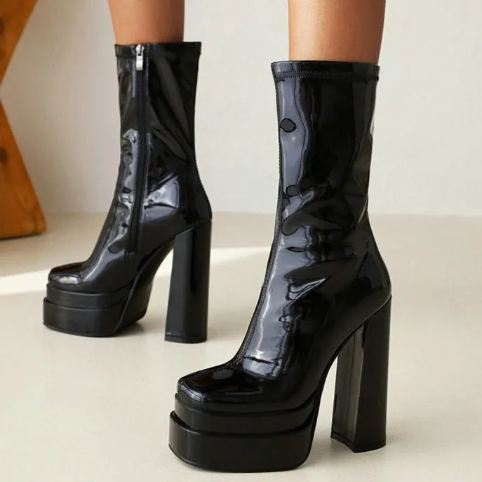 Women's black chunky heels platform mid calf boots | Fashion show high heel boots