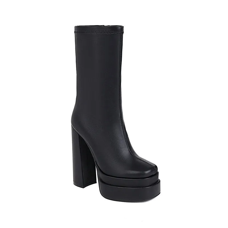 Women's black chunky heels platform mid calf boots | Fashion show high heel boots