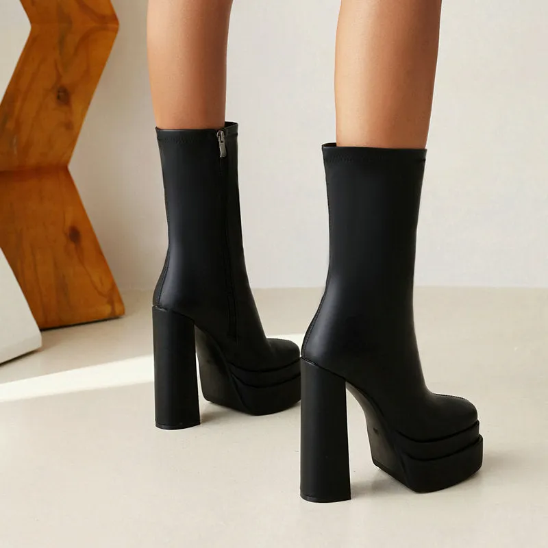 Women's black chunky heels platform mid calf boots | Fashion show high heel boots