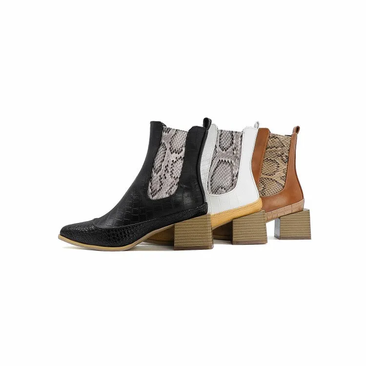 Women's Pattern Pu Leather Patchwork Pointed Toe Block Heel Short Boots