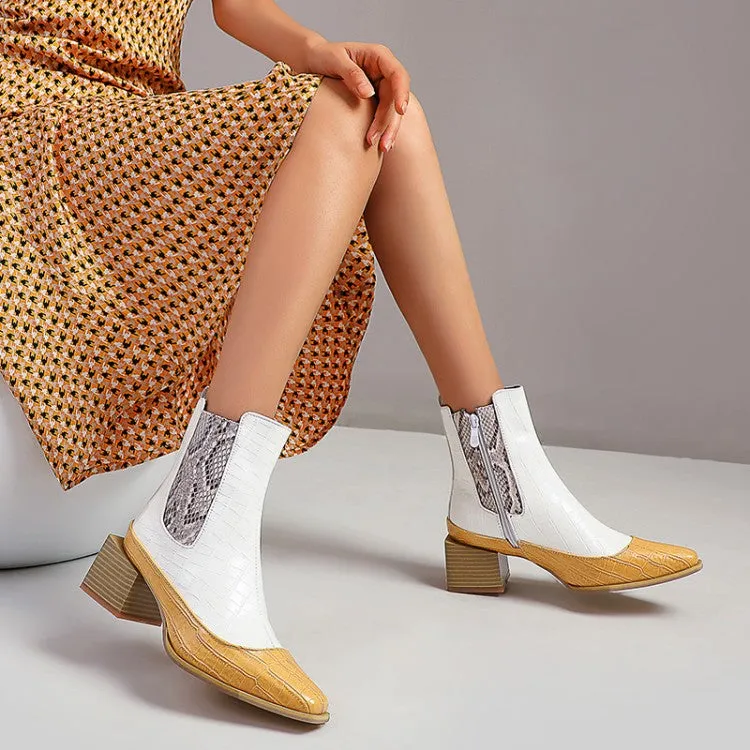 Women's Pattern Pu Leather Patchwork Pointed Toe Block Heel Short Boots