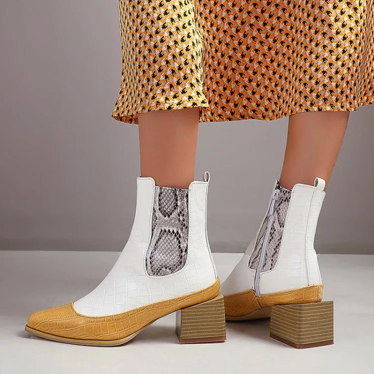 Women's Pattern Pu Leather Patchwork Pointed Toe Block Heel Short Boots